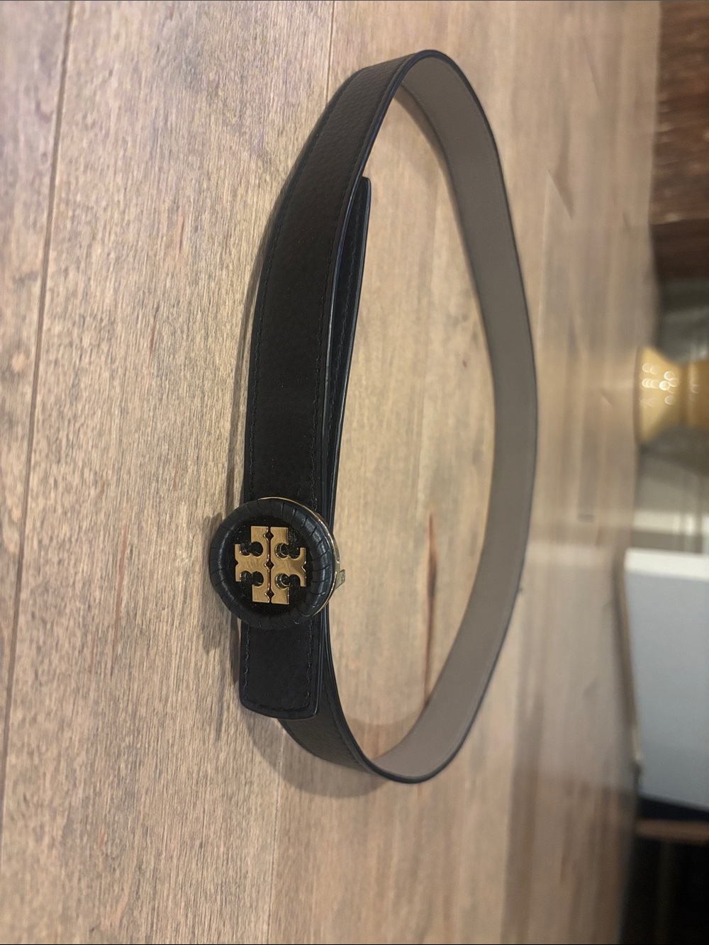 Tory Burch Reversible Black or Grey Leather Belt w/ Gold Logo Medallion -1 inch